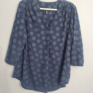 Jones New Yorn 3D Floral Blue Women's Sheer Top Sz 1X Resortwear Beach Casual